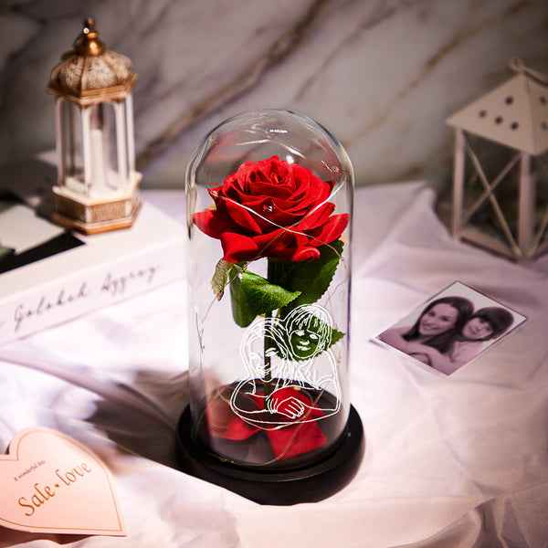 Custom Photo LED Night Light with Romantic Red Rose in Glass Dome