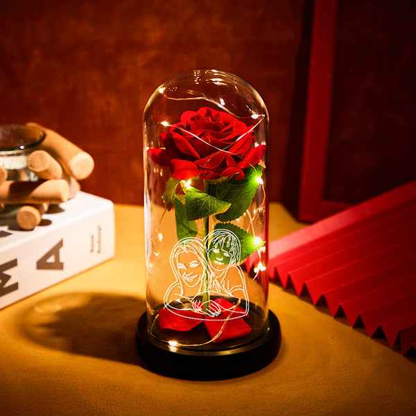 Custom Photo LED Night Light with Romantic Red Rose in Glass Dome