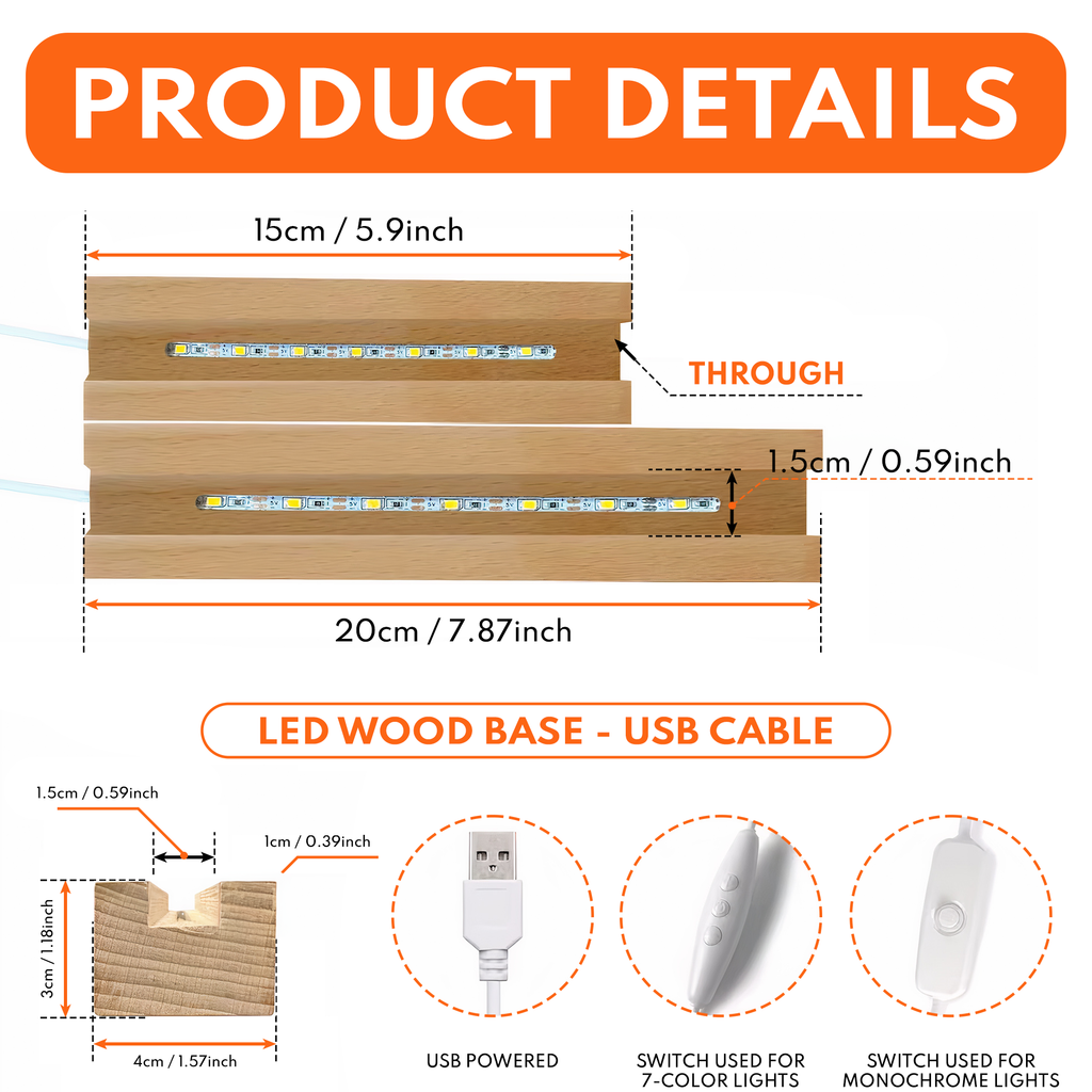 You & Me We Got This LED Night Light - Product Details: Dimensions, wooden base, and USB cable