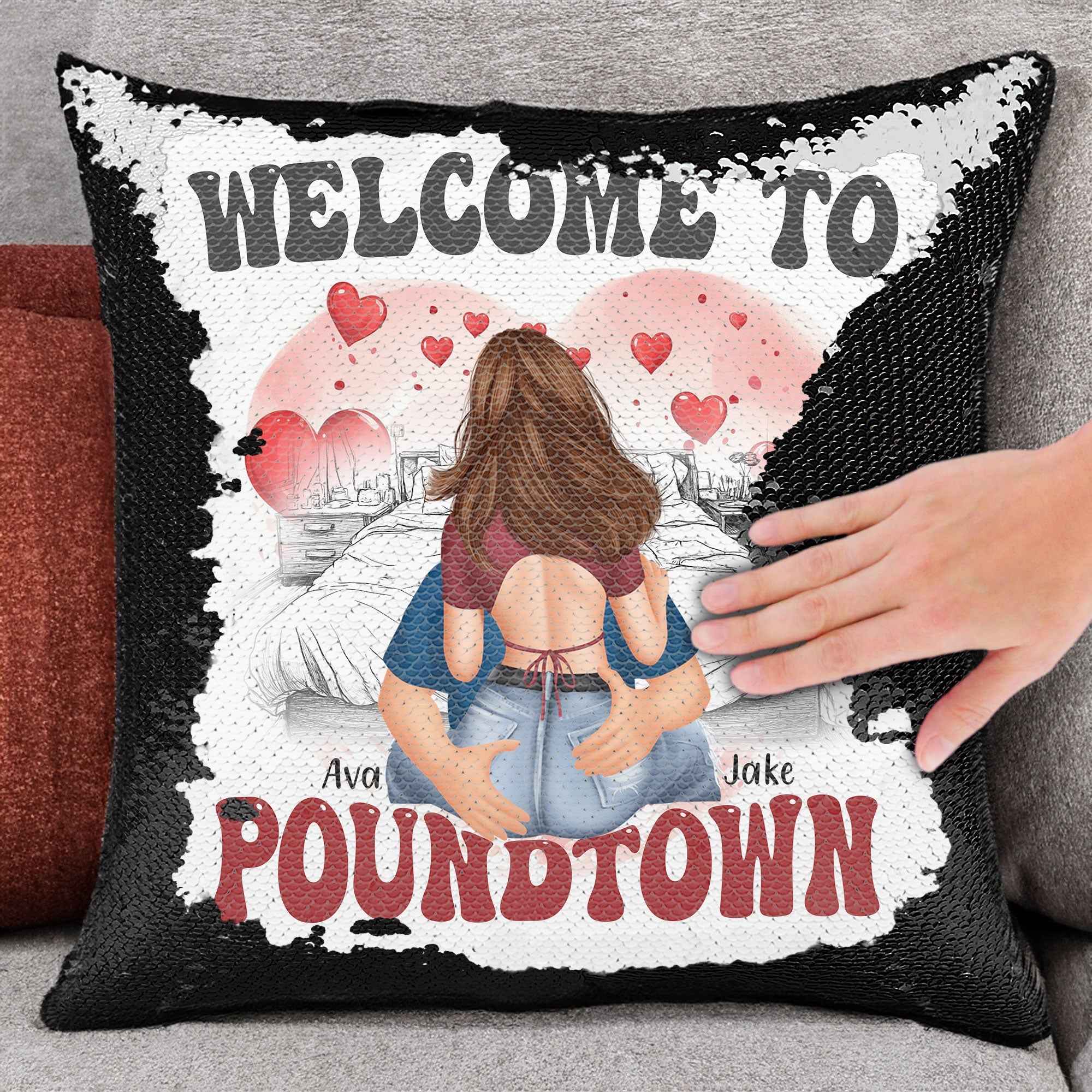 Welcome To Poundtown Pillow - Custom Sequin Gift for Boyfriends, Girlfriends, and Couples
