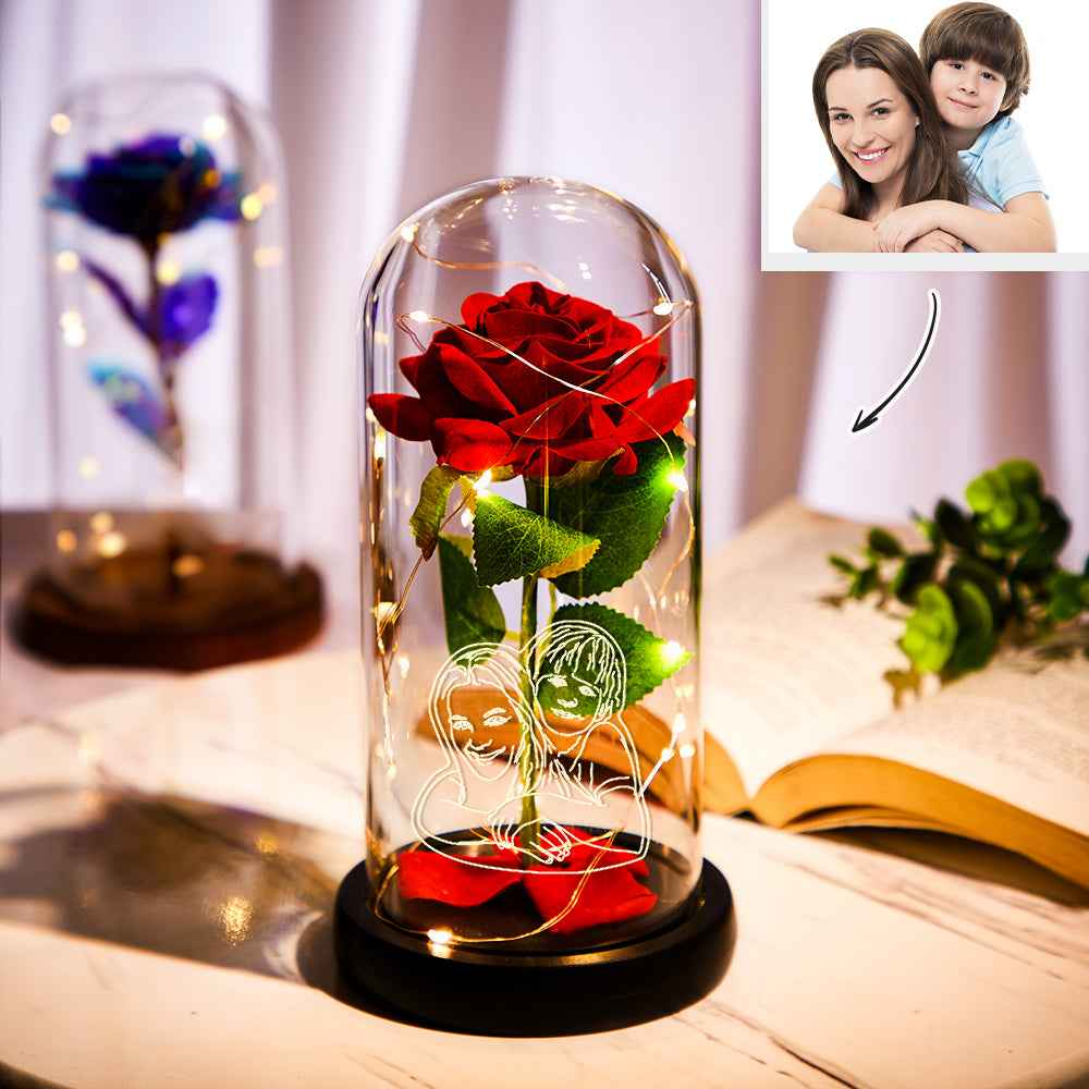Custom Photo LED Night Light with Romantic Red Rose in Glass Dome